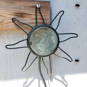 90's Y2K Wrought iron & Green Glass Sun Burst Metal Stake Celestial Boho Hi